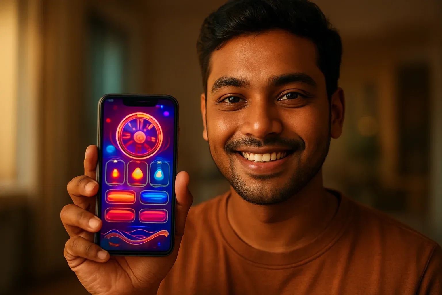 Young Bangladeshi man holding smartphone showing colorful casino app interface