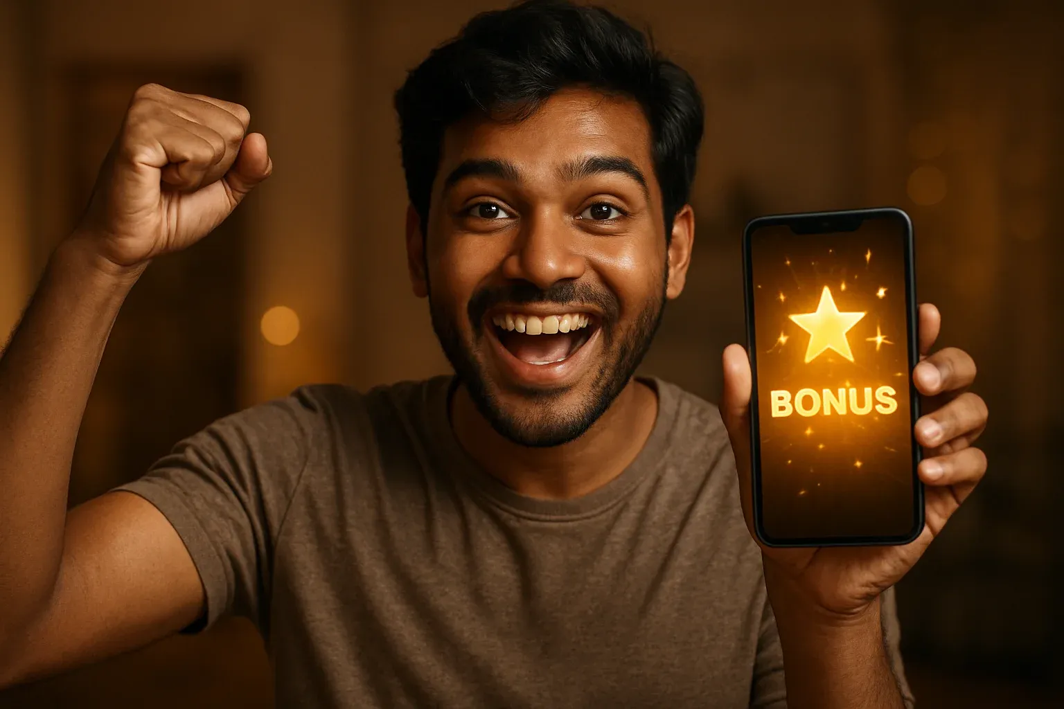 Joyful Bangladeshi man holding smartphone with glowing bonus notification screen