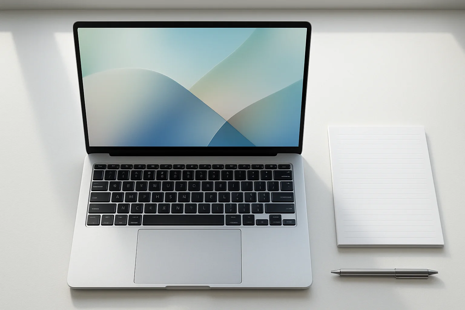 Modern laptop on white desk with abstract glowing screen and notepad