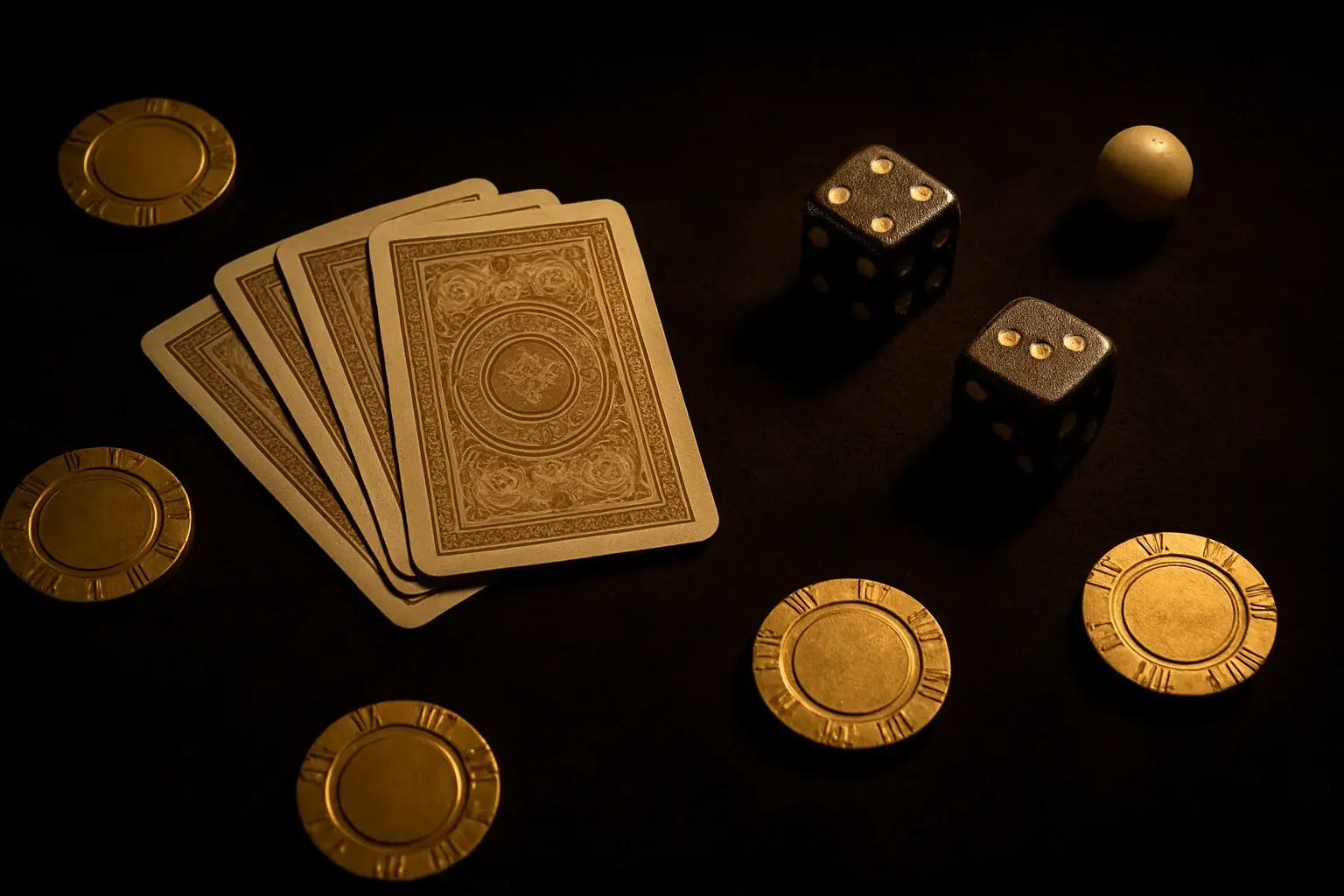 Top-down casino scene with chips, cards, dice, and roulette ball