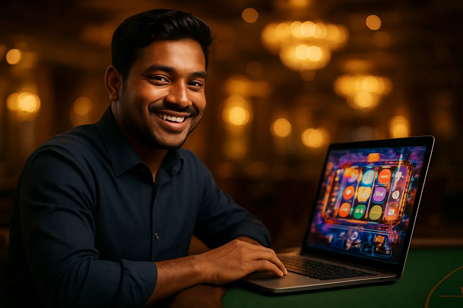 Cheerful Bangladeshi man with open laptop showing colorful casino interface
