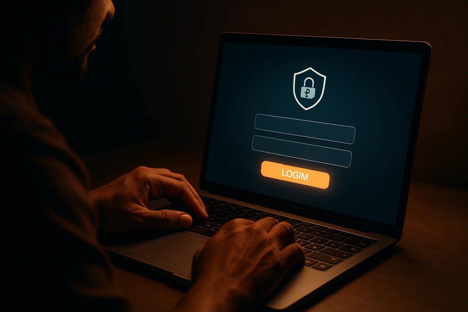 Bangladeshi man's hands on laptop showing stylized login form screen