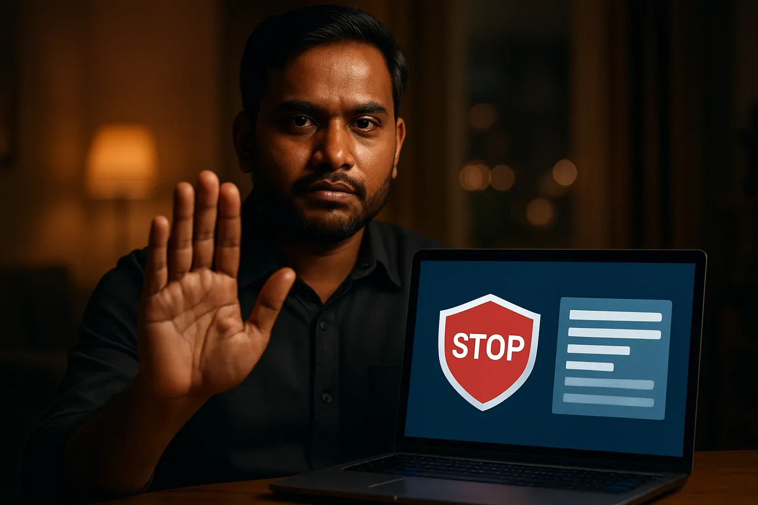 Bangladeshi man shows stop gesture beside laptop with responsible gambling screen