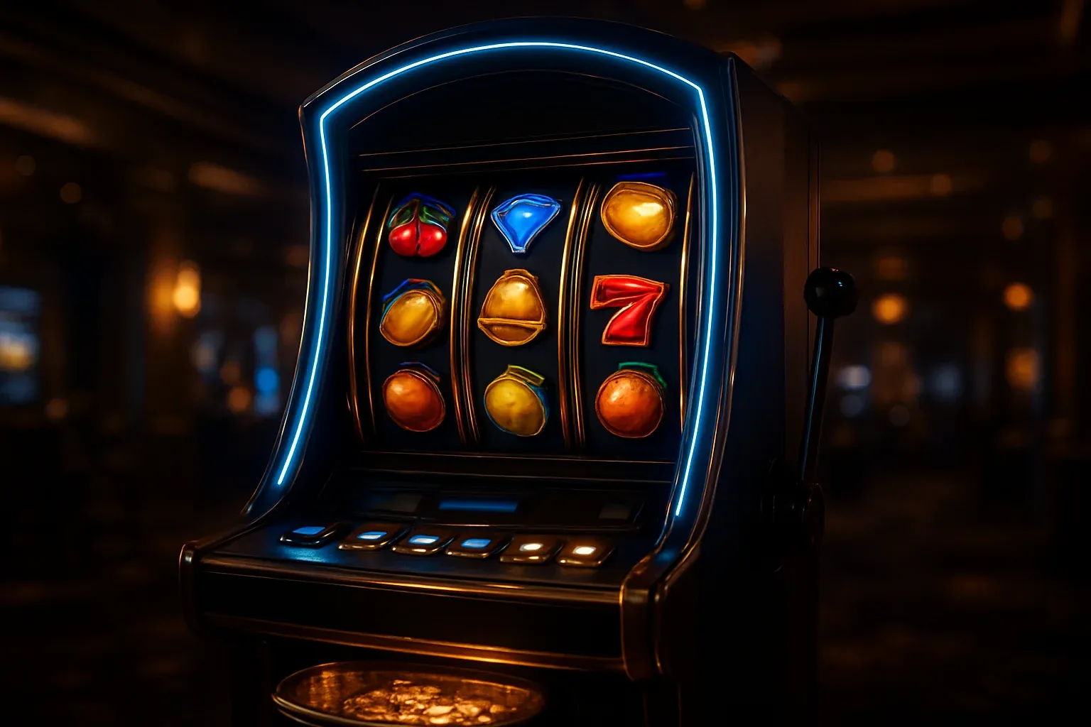 Premium slot machine with glowing reels in a dark luxury casino